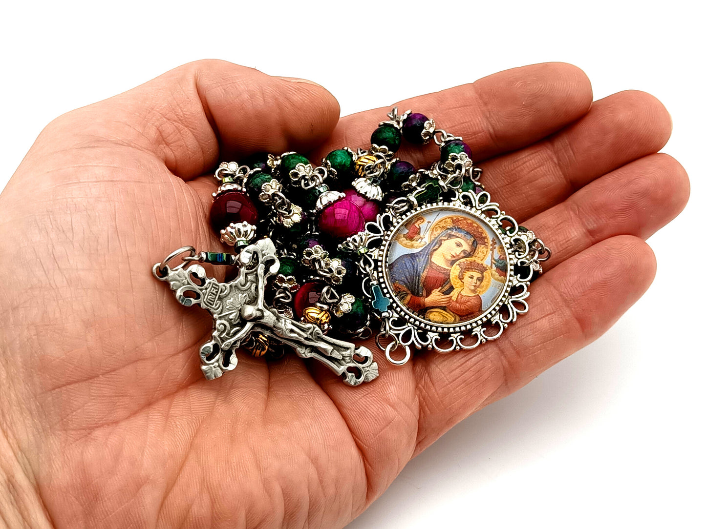 Our Lady of Perpetual Succor unique rosary beads ruby zoisite and tiger eye gemstone rosary with pewter filigree crucifix.