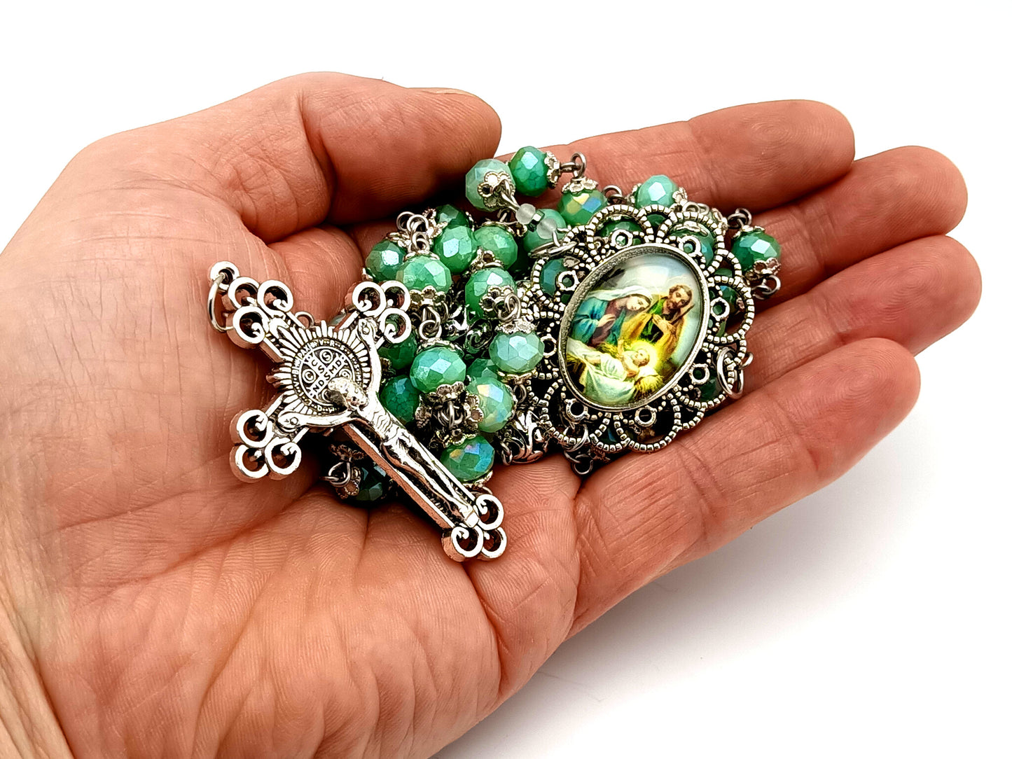 Holy Family unique rosary beads faceted aqua glass and silver rosary with Saint Benedict crucifix.