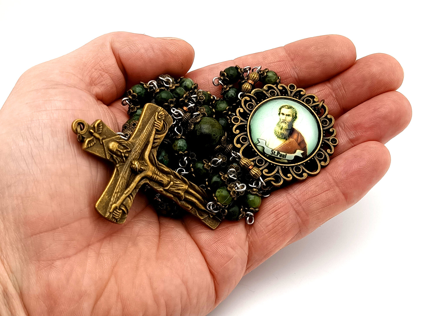 Saint Paul unique rosary beads moss jasper gemstone rosary beads with bronze Holy Trinity crucifix.
