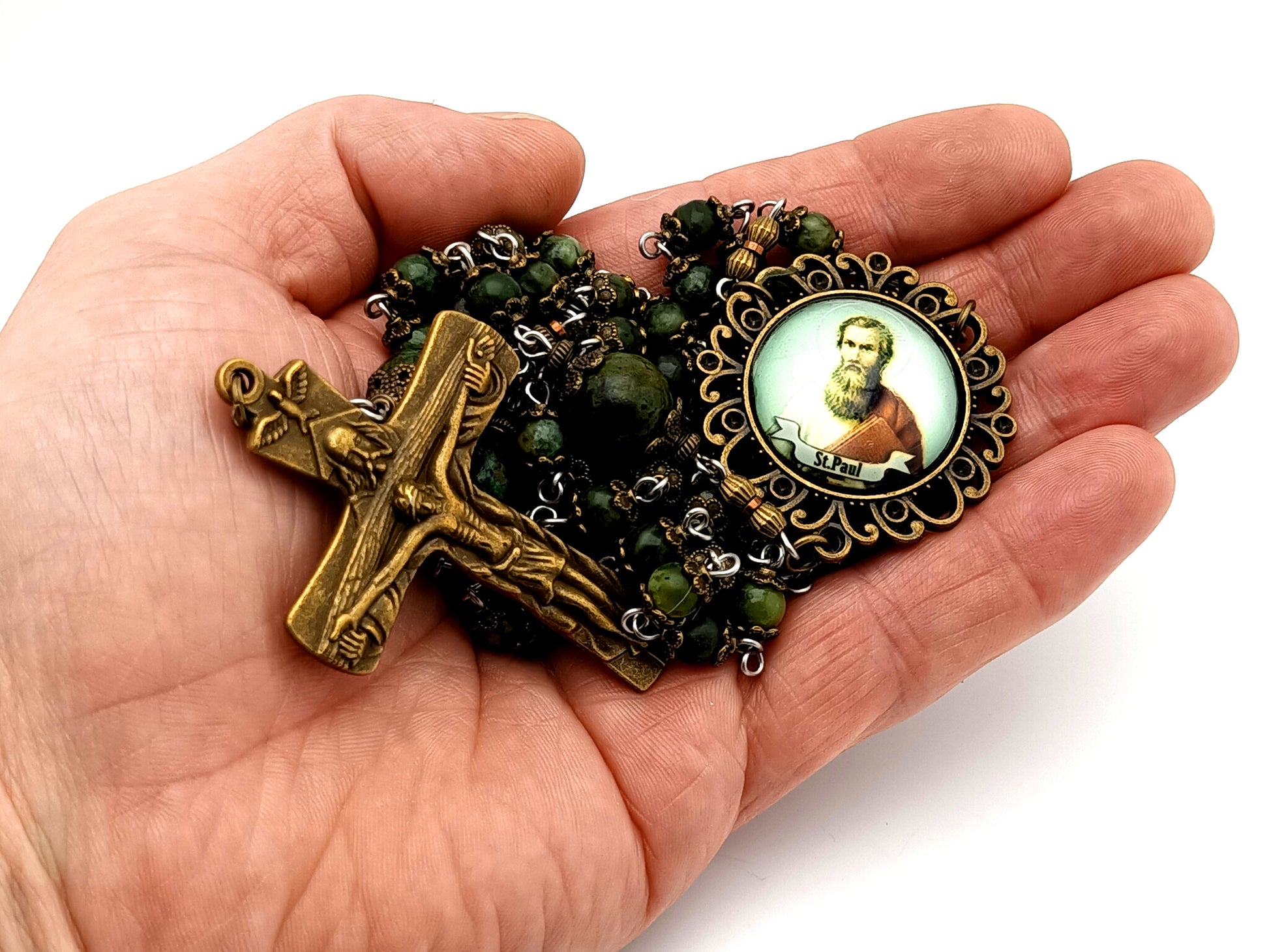 Saint Paul unique rosary beads moss jasper gemstone rosary beads with bronze Holy Trinity crucifix.