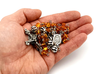 Miraculous Medal unique rosary beads natural amber and silver rosary with pewter Lourdes Chapel crucifix.