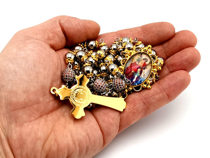 Saint Michael unique rosary beads stainless steel and red cubic zirconia rosary with gold plated stainless steel red enamel crucifix.