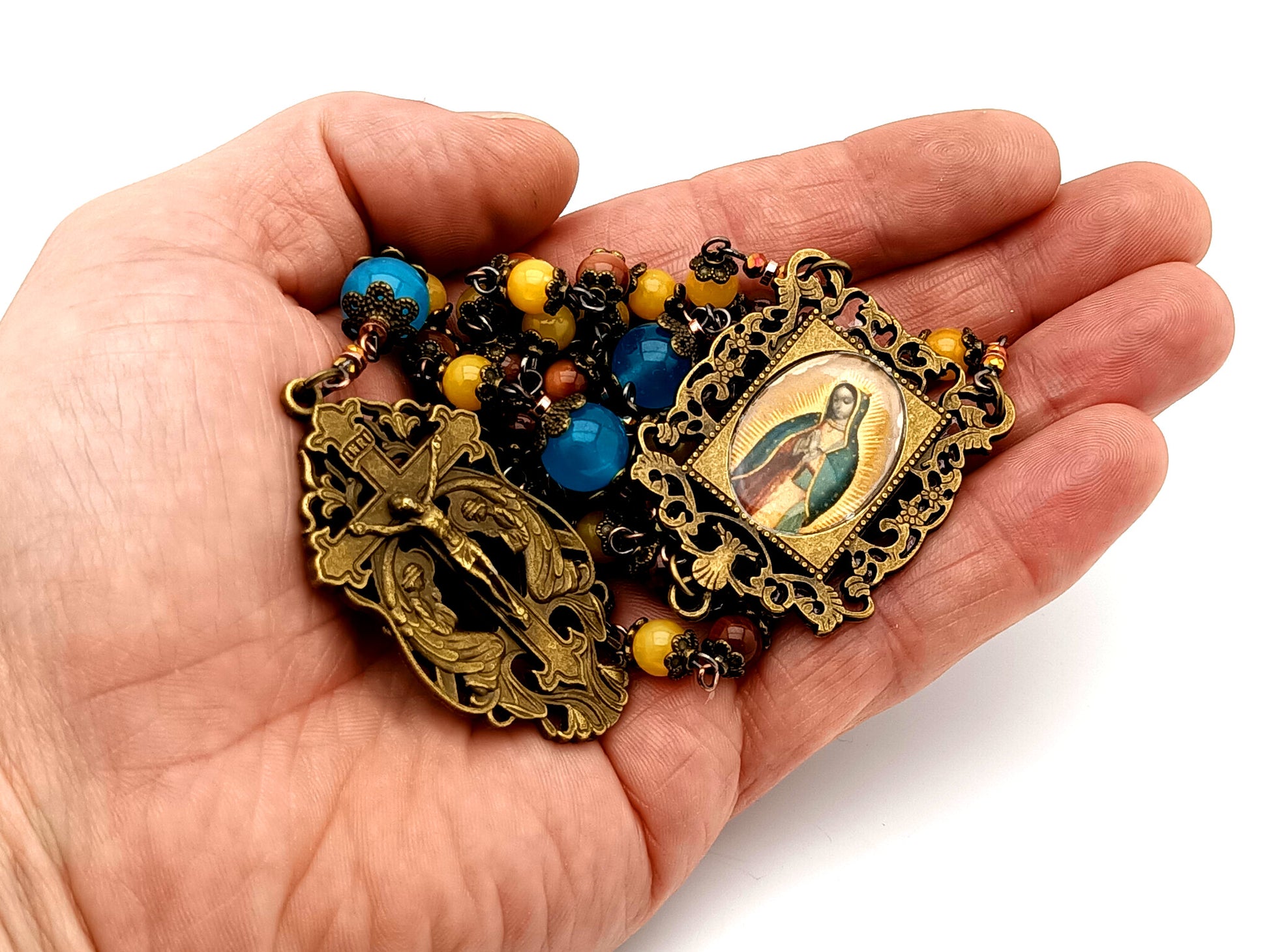 Our Lady of Guadalupe unique rosary beads tigers eye and yellow jade gemstone rosary with bronze two angels crucifix.