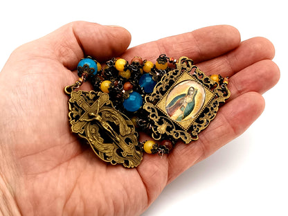 Our Lady of Guadalupe unique rosary beads tigers eye and yellow jade gemstone rosary with bronze two angels crucifix.