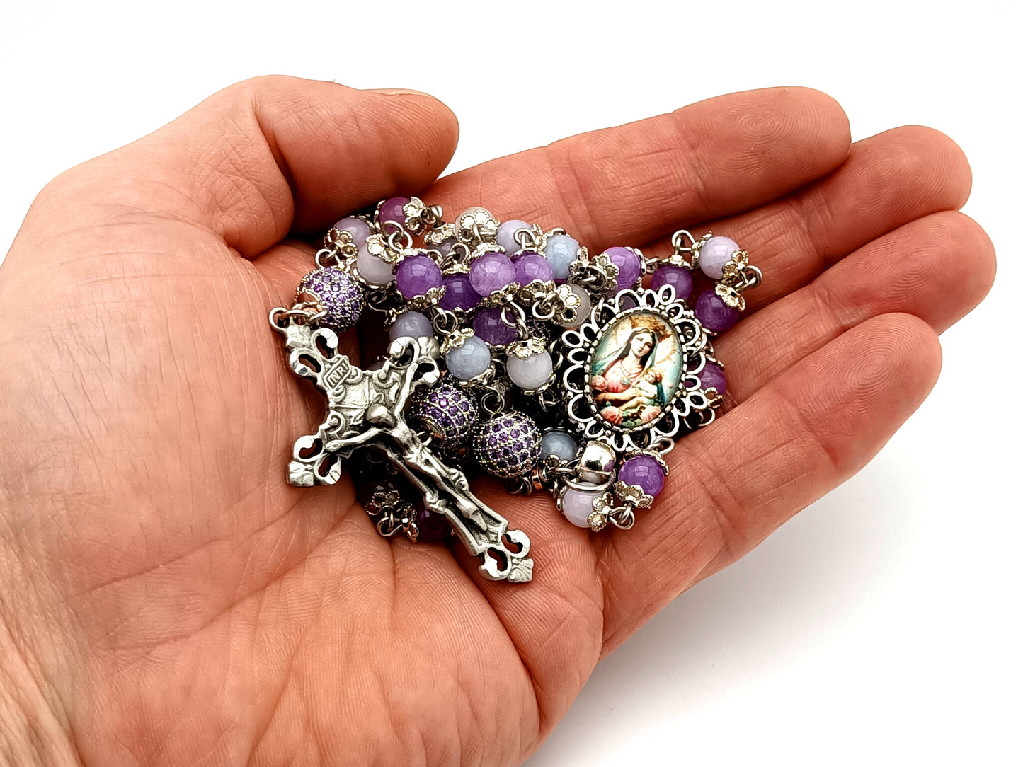Our Lady of Perpetual Succor unique rosary beads aqua marine, rose quartz and amethyst gemstone rosary with pewter filigree crucifix.