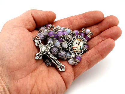 Our Lady of Perpetual Succor unique rosary beads aqua marine, rose quartz and amethyst gemstone rosary with pewter filigree crucifix.