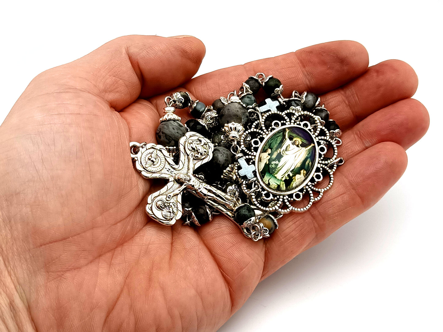 The Resurrection unique rosary beads jasper and labradorite gemstone rosary with four Basilicas crucifix.