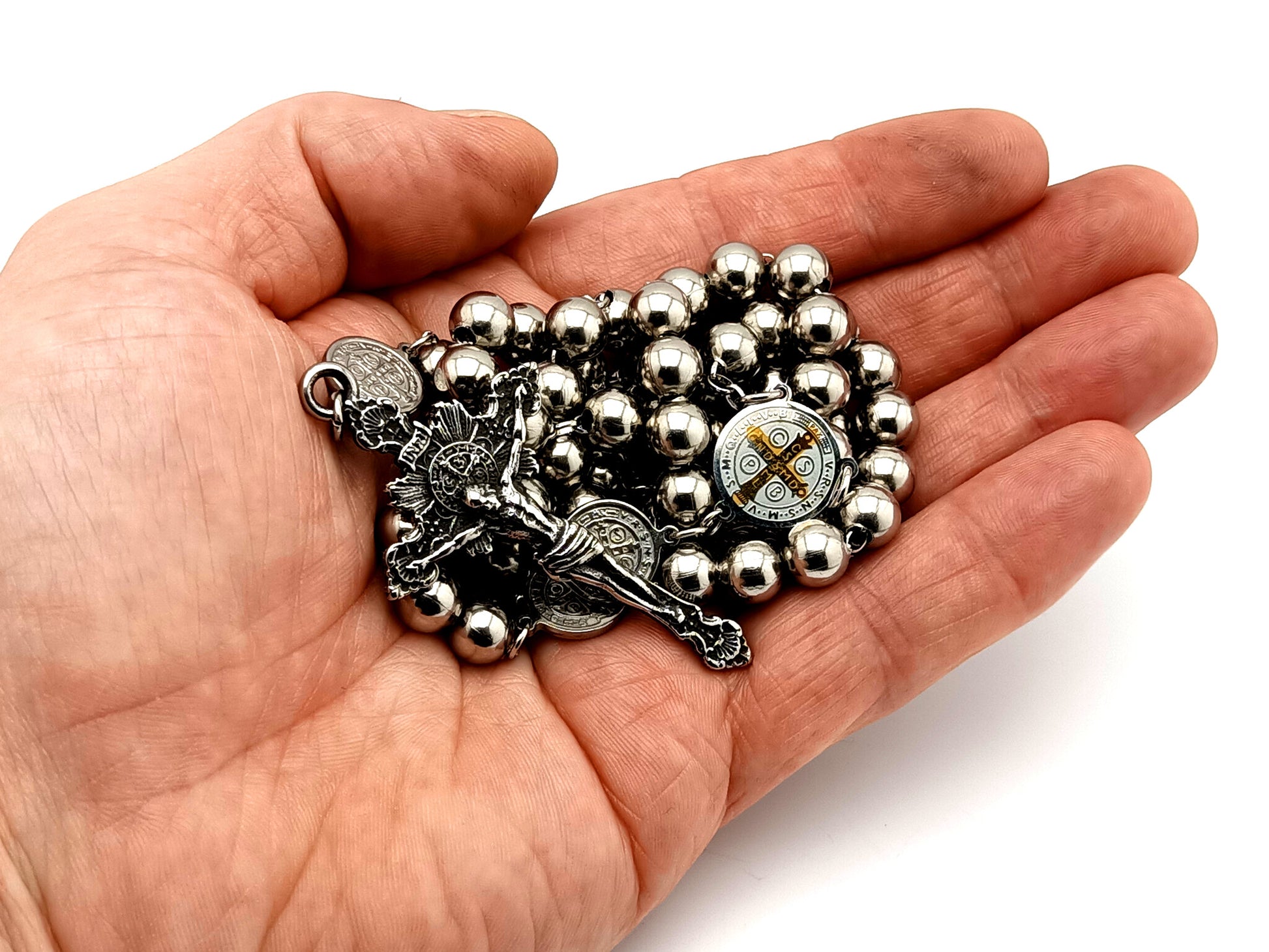 Saint Benedict unique rosary beads wearable stainless steel rosary with stainless steel sunburst crucifix.