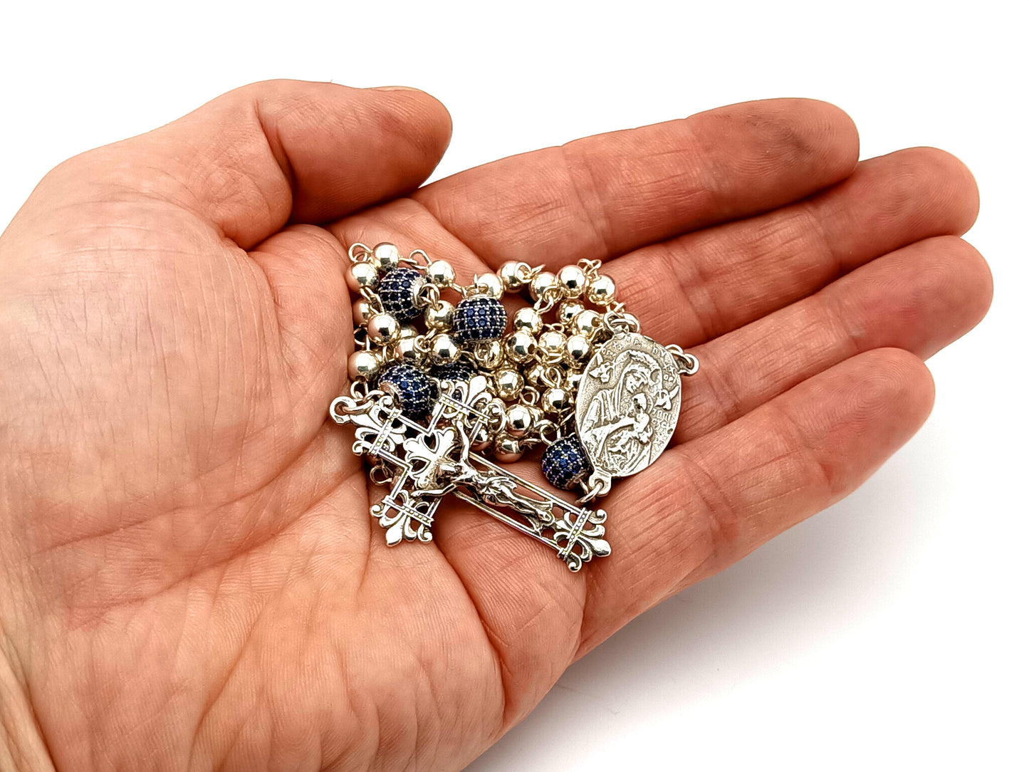 Sacred Heart and Our Lady of Perpetual Help unique rosary beads 925 sterling silver wearable rosary with 925 sterling silver Fleur de Lys style crucifix.