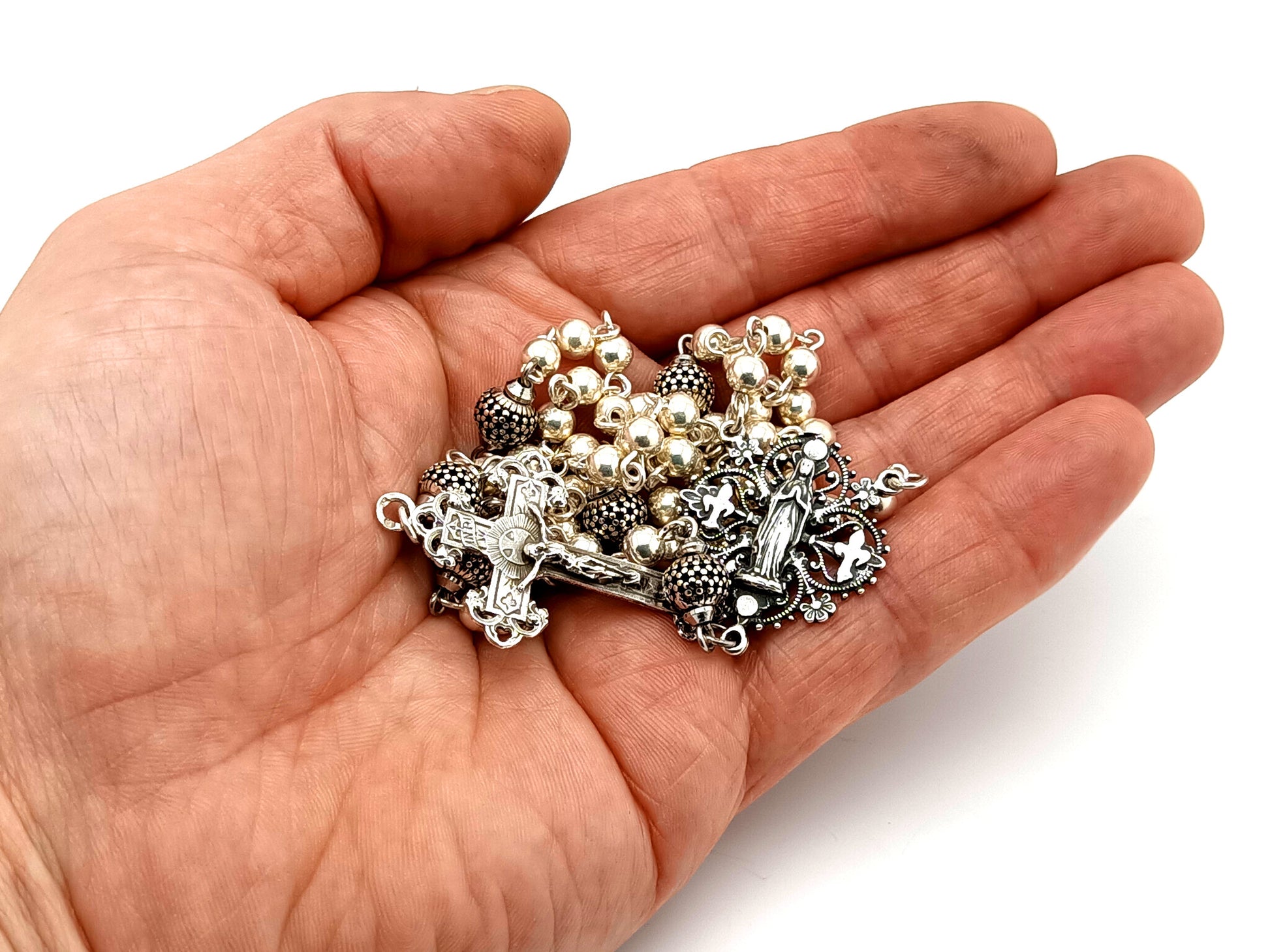 Our Lady of Lourdes unique rosary beads 925 sterling silver wearable rosary with sterling silver Victorian style crucifix.