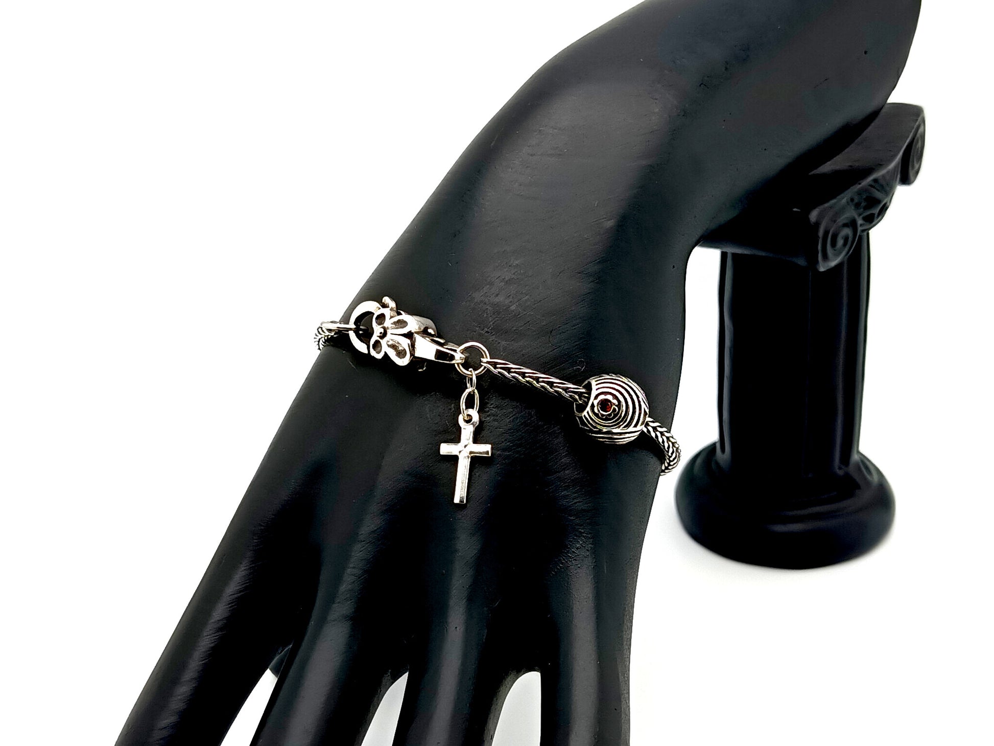 925 sterling silver unique rosary beads single decade rosary bracelet with stainless steel beads and solid silver cross.