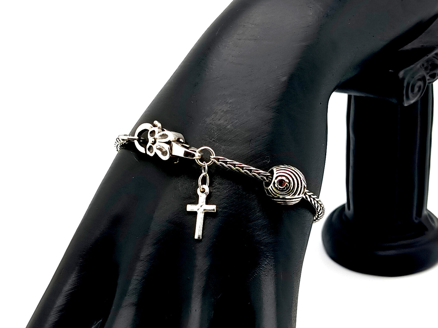 925 sterling silver unique rosary beads single decade rosary bracelet with stainless steel beads and solid silver cross.