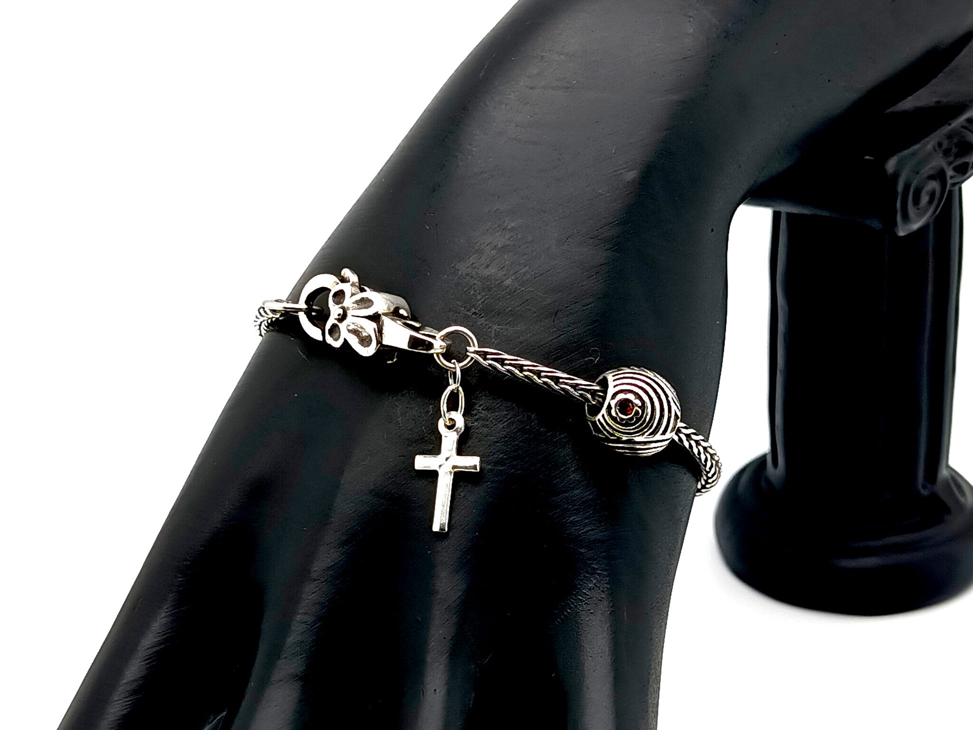 925 sterling silver unique rosary beads single decade rosary bracelet with stainless steel beads and solid silver cross.