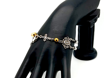 Miraculous Medal unique rosary beads 925 sterling silver and stainless steel 5 decade rosary bracelet with sterling silver linking cross and 18K gold plated clasp.