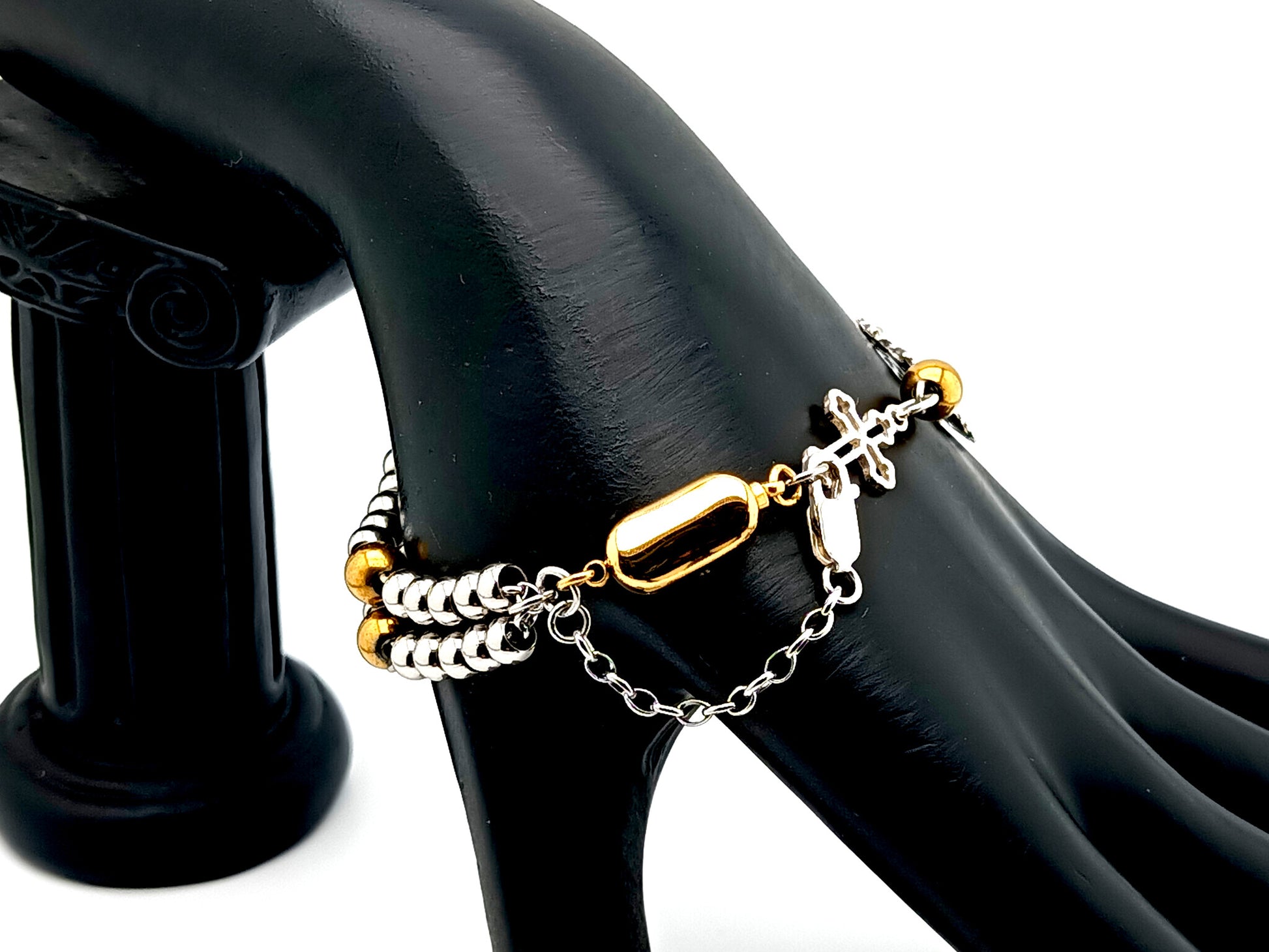 Miraculous Medal unique rosary beads 925 sterling silver and stainless steel 5 decade rosary bracelet with sterling silver linking cross and 18K gold plated clasp.