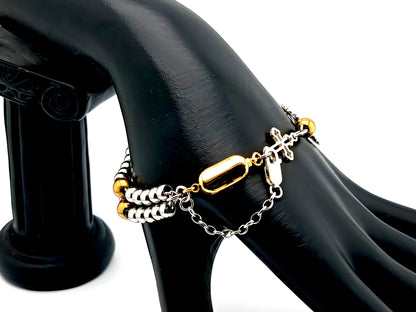 Miraculous Medal unique rosary beads 925 sterling silver and stainless steel 5 decade rosary bracelet with sterling silver linking cross and 18K gold plated clasp.