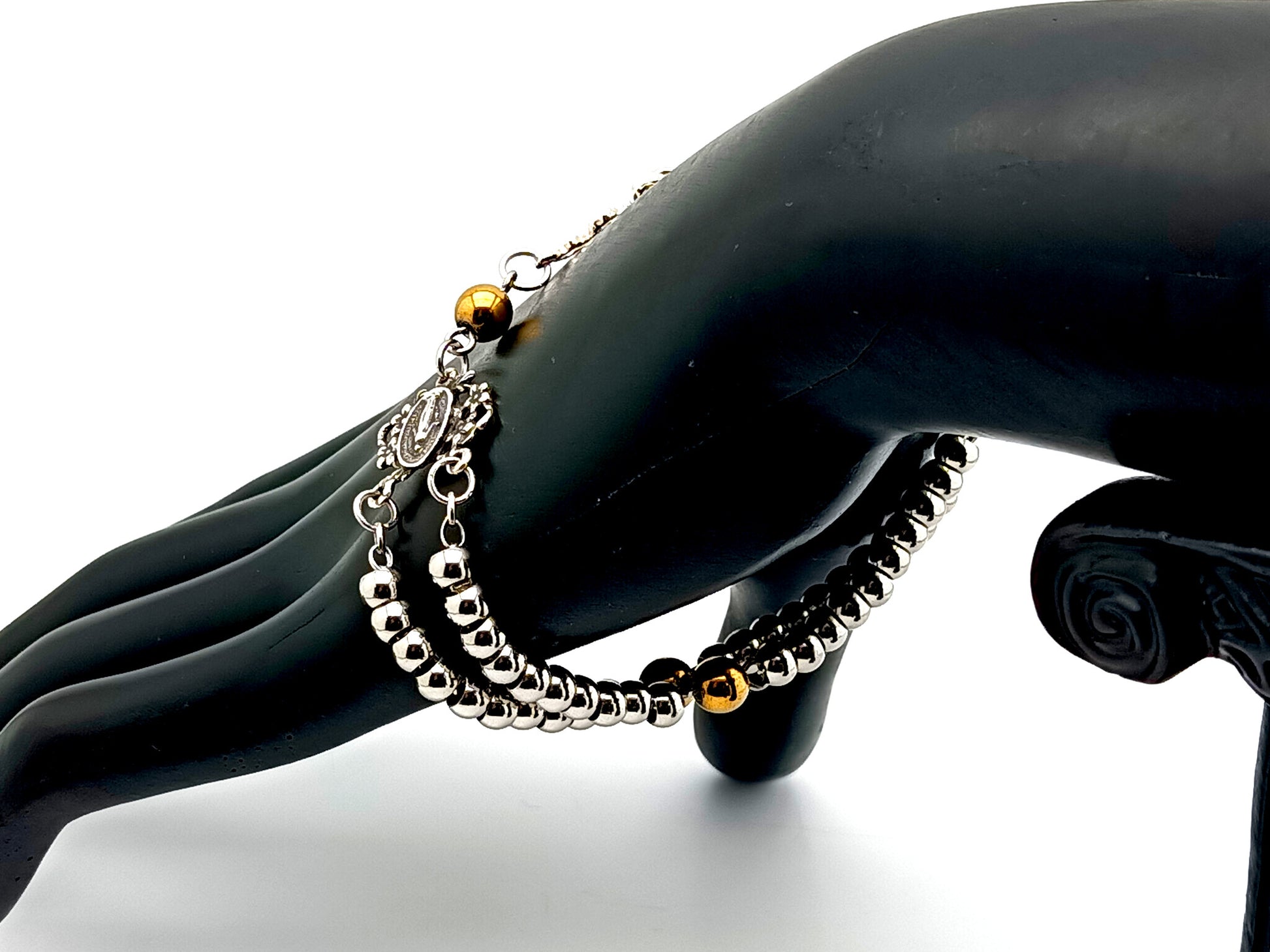 Miraculous Medal unique rosary beads 925 sterling silver and stainless steel 5 decade rosary bracelet with sterling silver linking cross and 18K gold plated clasp.