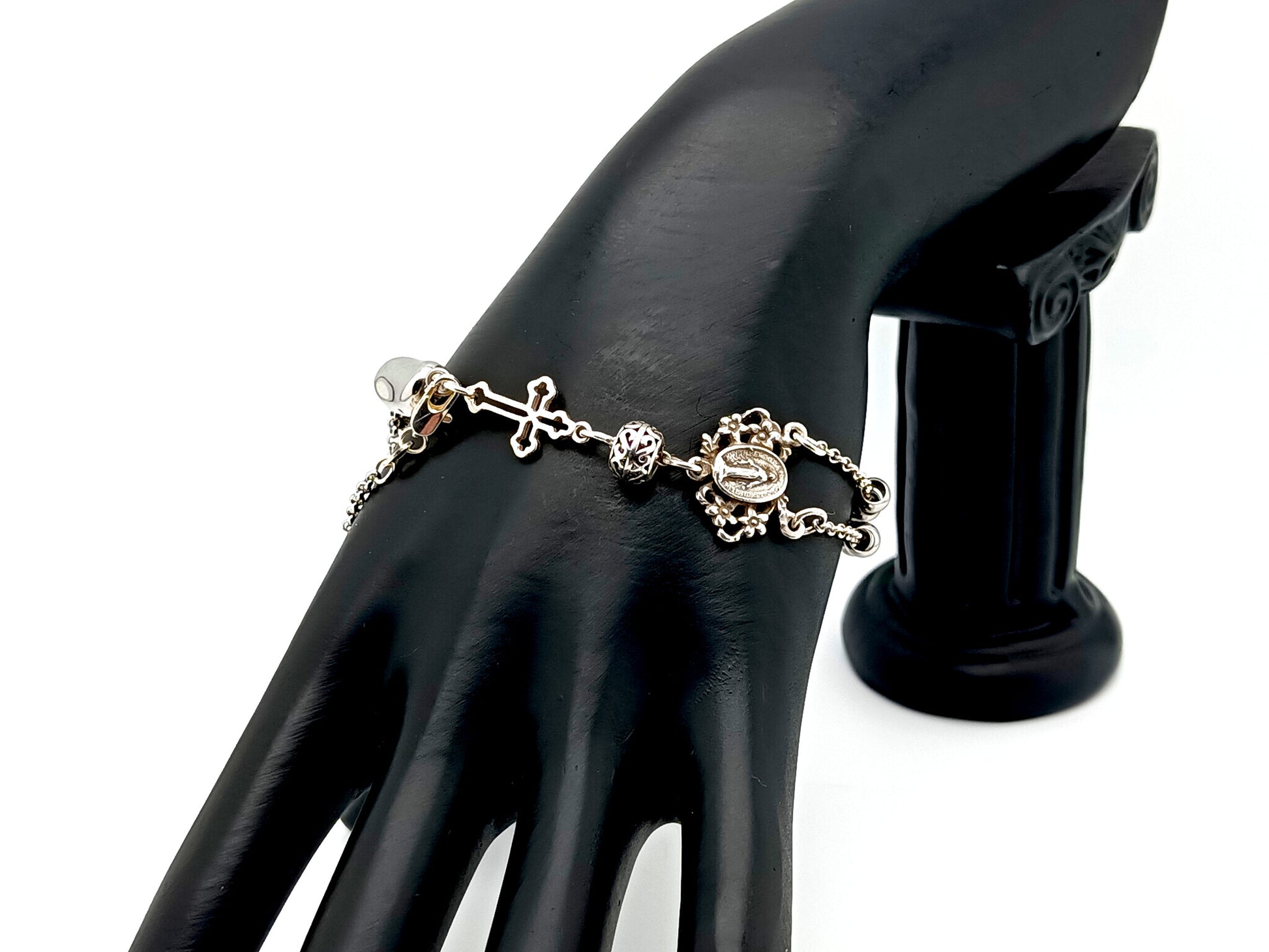 Miraculous Medal unique rosary beads 925 sterling silver and stainless steel 5 decade rosary bracelet with sterling silver linking cross.