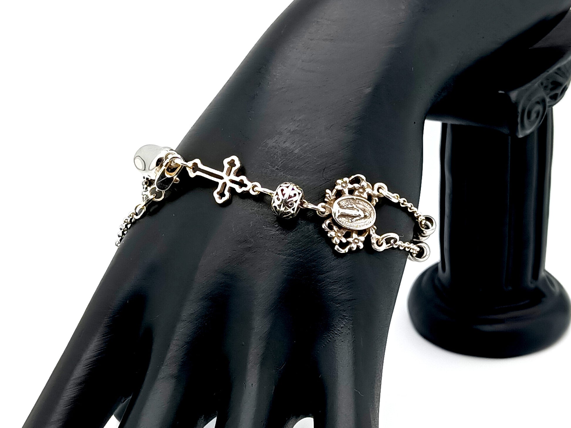 Miraculous Medal unique rosary beads 925 sterling silver and stainless steel 5 decade rosary bracelet with sterling silver linking cross.