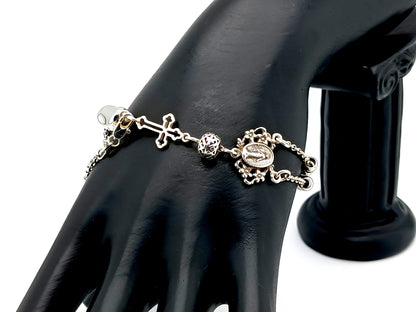Miraculous Medal unique rosary beads 925 sterling silver and stainless steel 5 decade rosary bracelet with sterling silver linking cross.