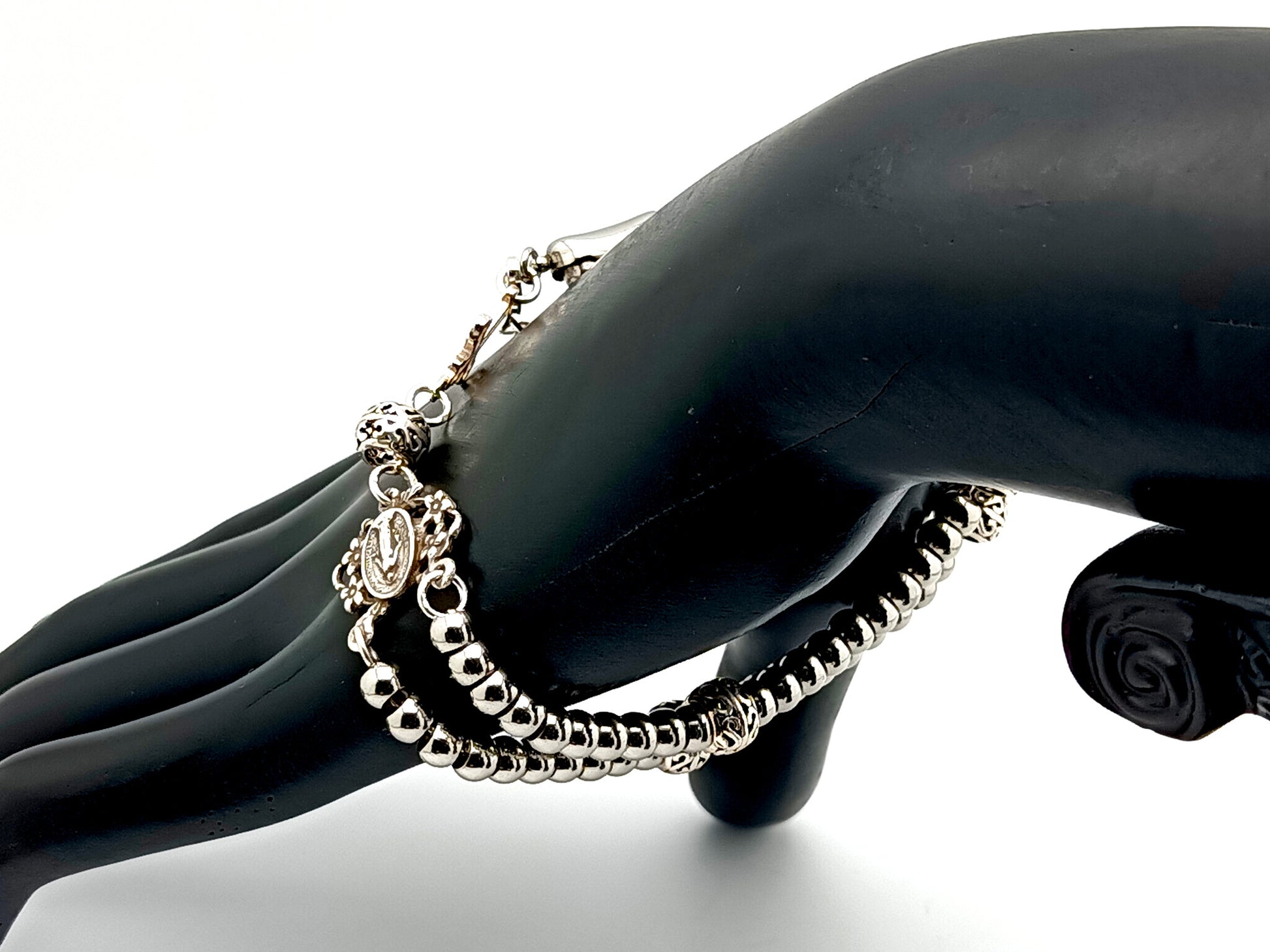 Miraculous Medal unique rosary beads 925 sterling silver and stainless steel 5 decade rosary bracelet with sterling silver linking cross.