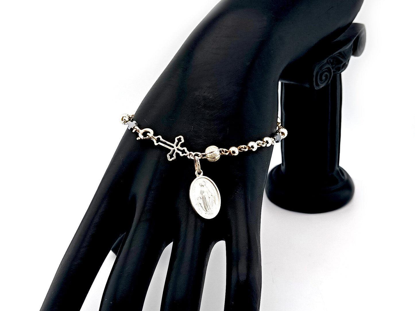 Miraculous Medal 925 sterling silver single decade rosary bracelet with sterling silver linking cross.