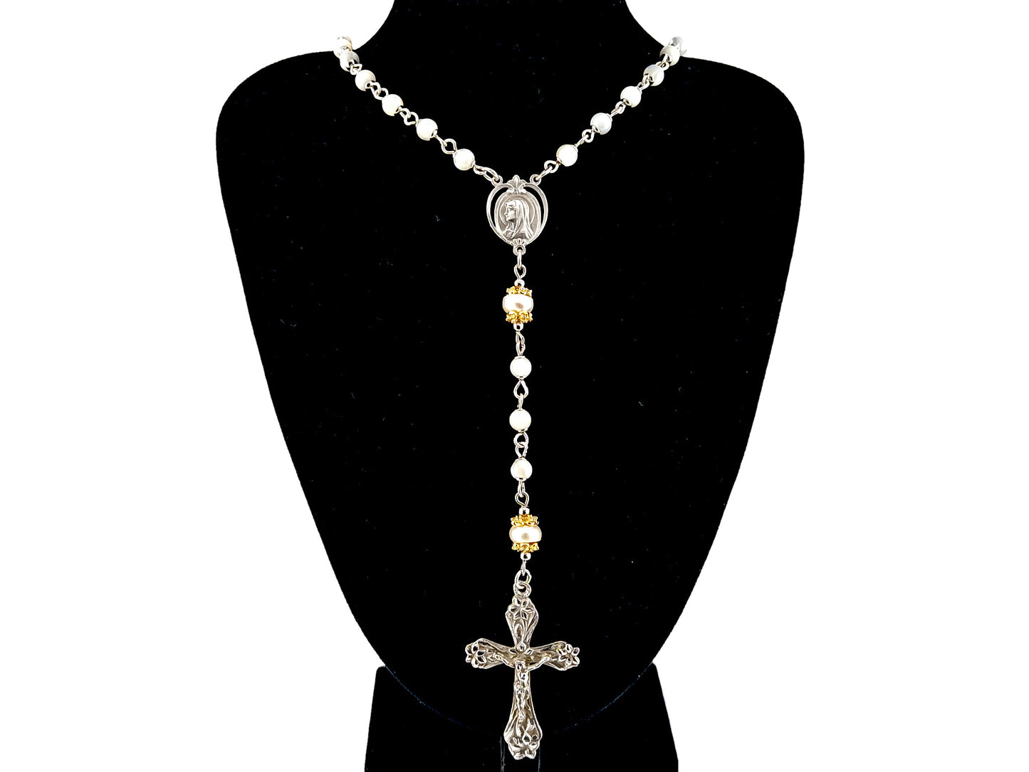 Saint Bernadette Lourdes unique rosary beads  925 sterling silver wearable mother of pearl rosary with sterling silver lily crucifix.