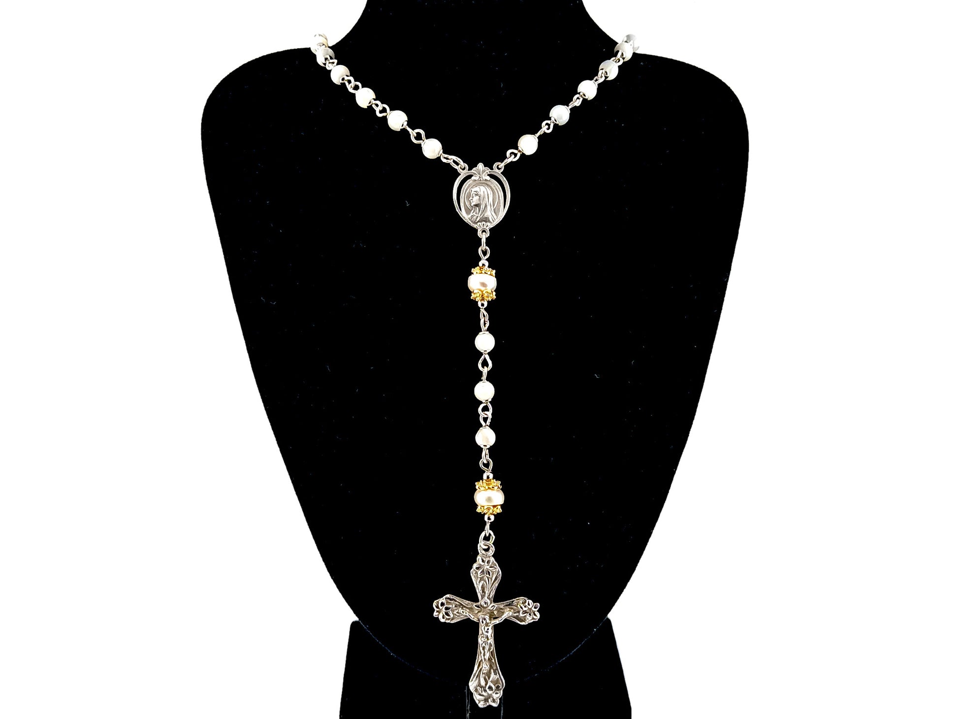 Saint Bernadette Lourdes unique rosary beads  925 sterling silver wearable mother of pearl rosary with sterling silver lily crucifix.