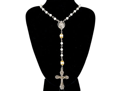 Saint Bernadette Lourdes unique rosary beads  925 sterling silver wearable mother of pearl rosary with sterling silver lily crucifix.