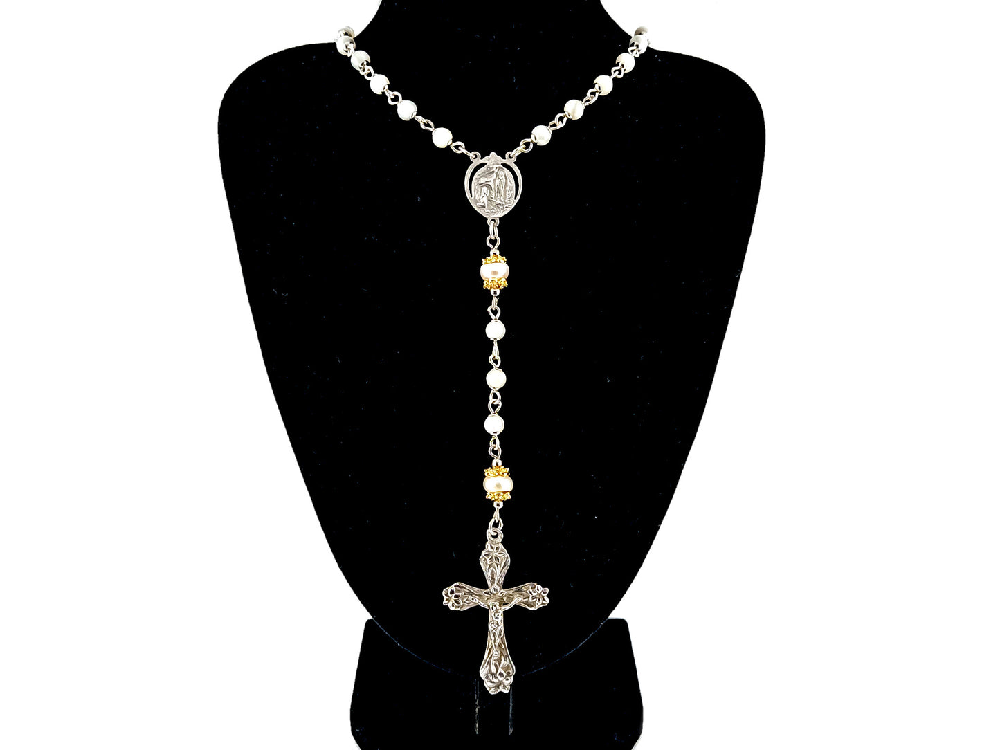 Saint Bernadette Lourdes unique rosary beads  925 sterling silver wearable mother of pearl rosary with sterling silver lily crucifix.