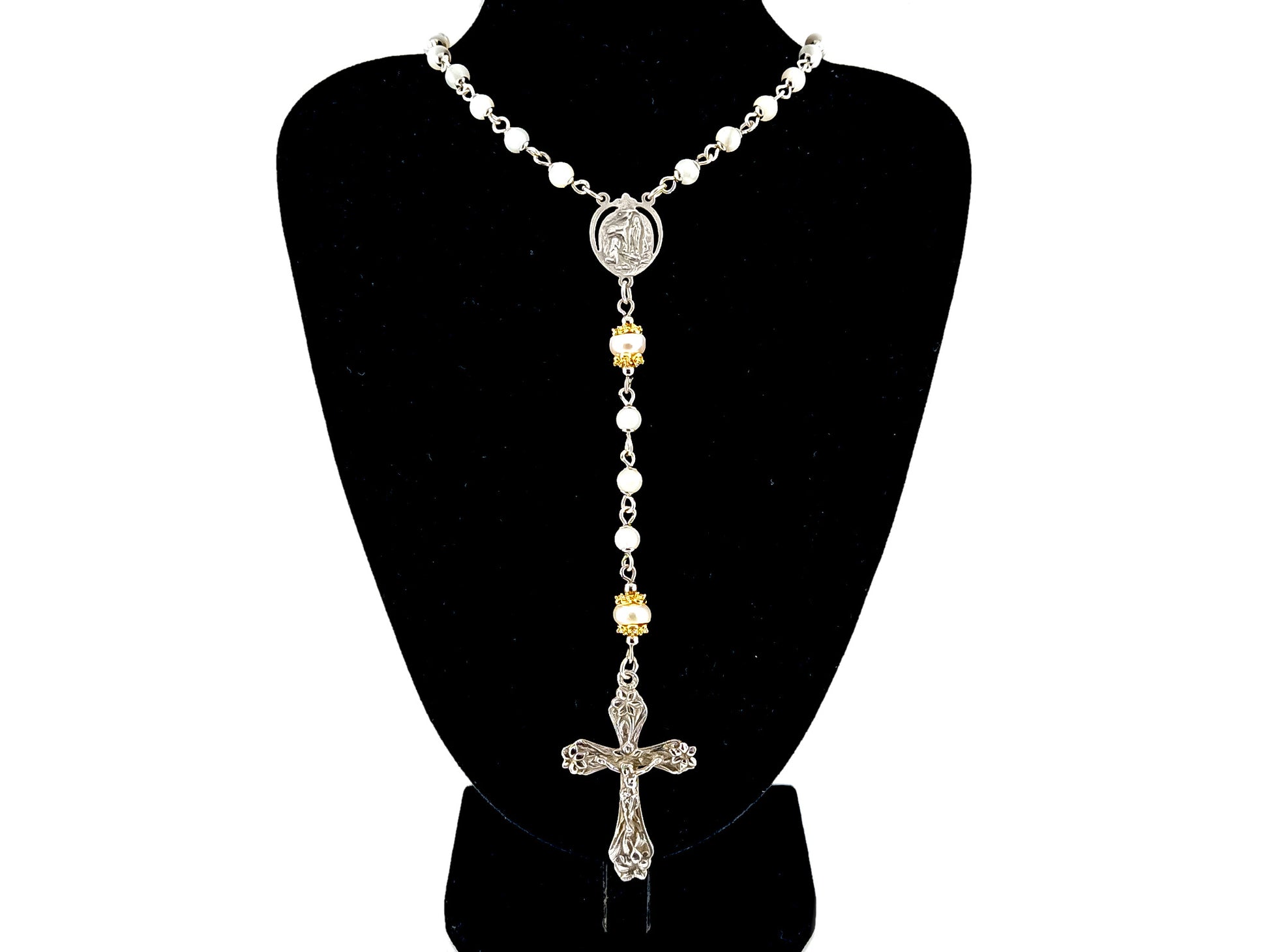 Saint Bernadette Lourdes unique rosary beads  925 sterling silver wearable mother of pearl rosary with sterling silver lily crucifix.
