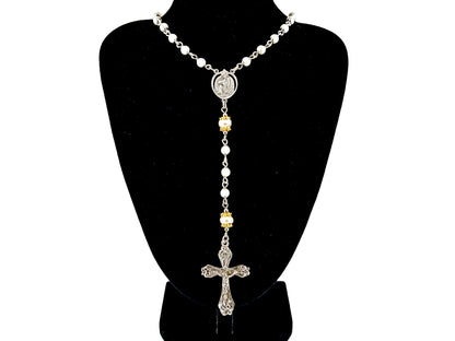 Saint Bernadette Lourdes unique rosary beads  925 sterling silver wearable mother of pearl rosary with sterling silver lily crucifix.