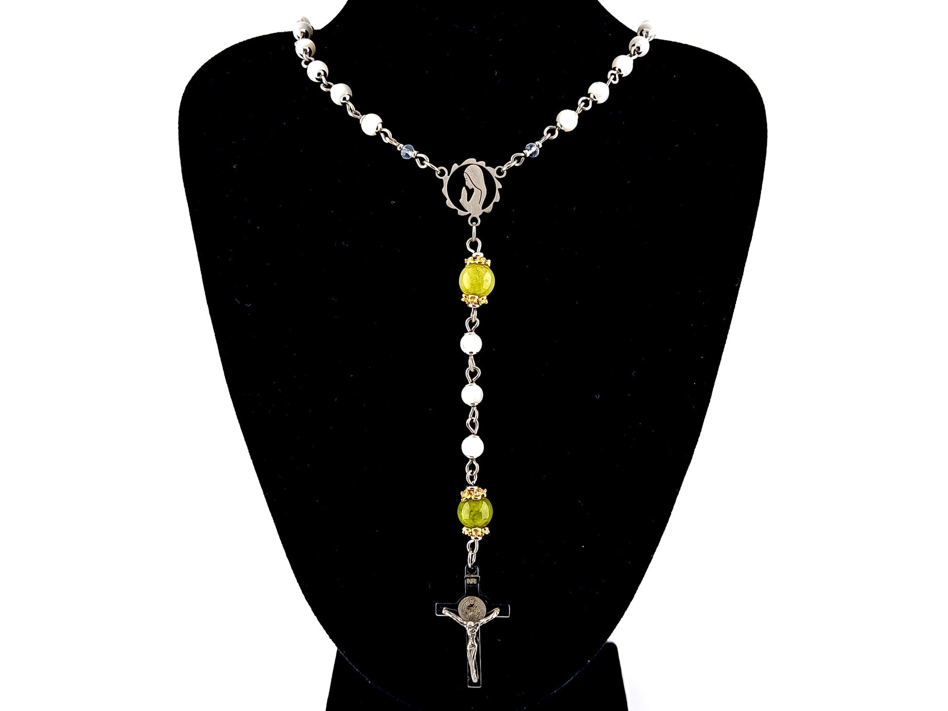Virgin Mary unique rosary beads mother of pearl and peridot gemstone rosary with stainless steel Saint Benedict crucifix.