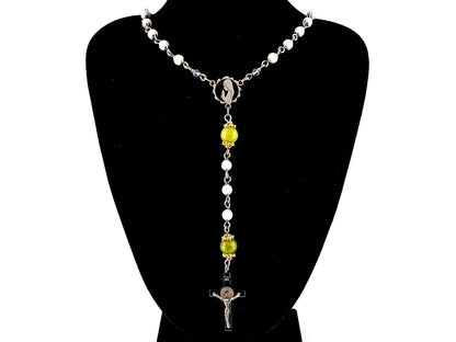 Virgin Mary unique rosary beads mother of pearl and peridot gemstone rosary with stainless steel Saint Benedict crucifix.