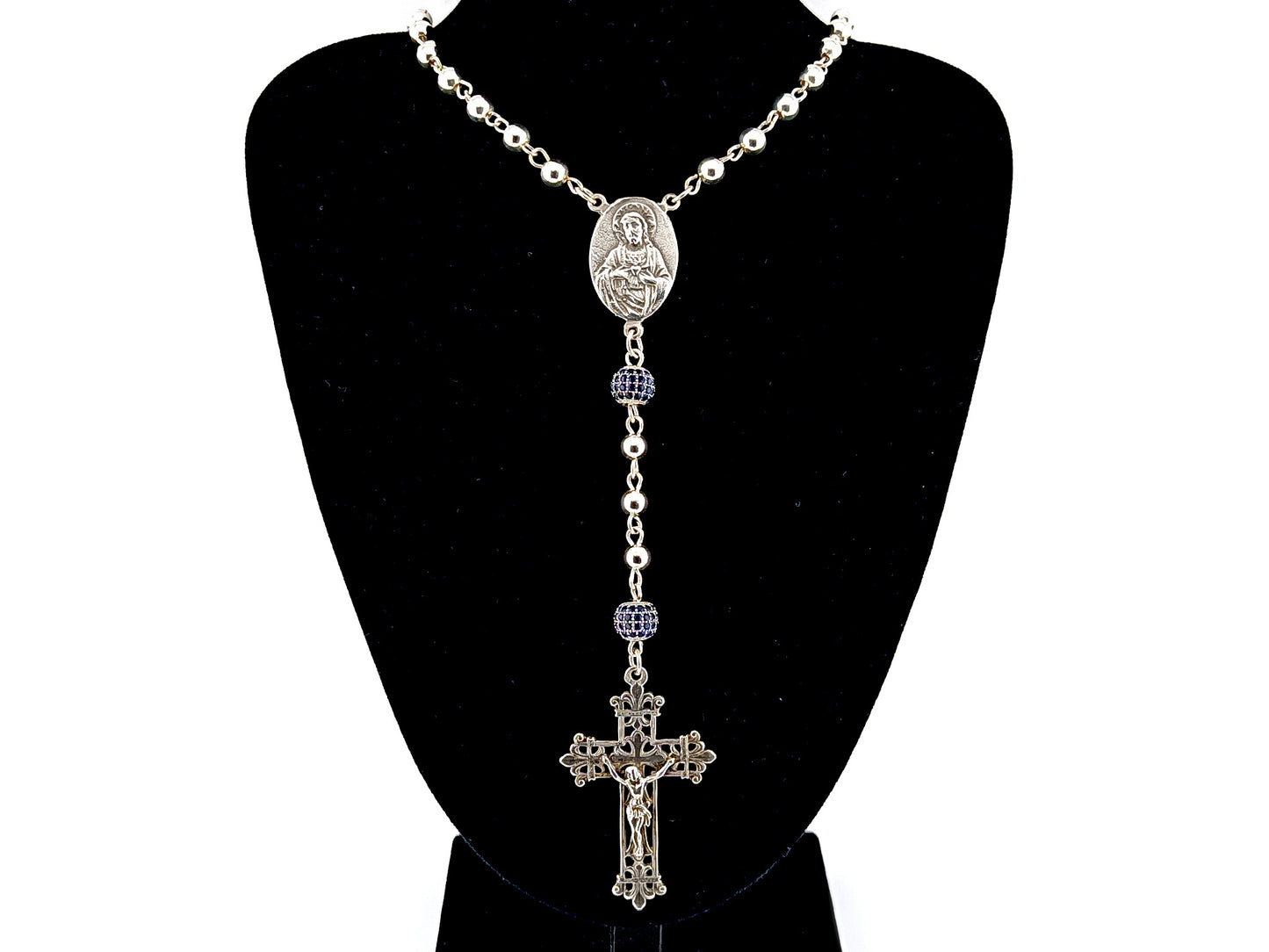 Sacred Heart and Our Lady of Perpetual Help unique rosary beads 925 sterling silver wearable rosary with 925 sterling silver Fleur de Lys style crucifix.