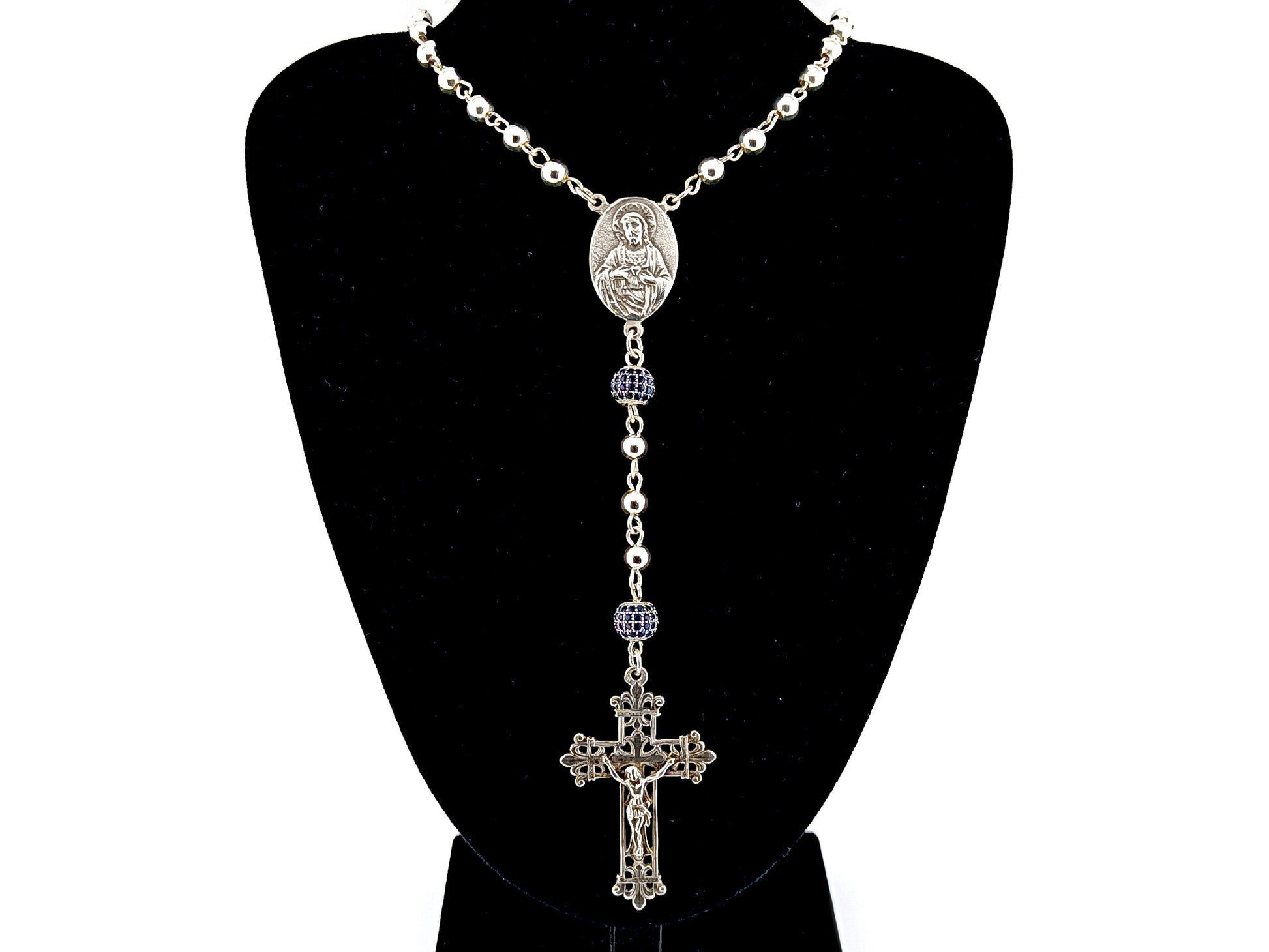Sacred Heart and Our Lady of Perpetual Help unique rosary beads 925 sterling silver wearable rosary with 925 sterling silver Fleur de Lys style crucifix.