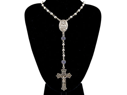 Sacred Heart and Our Lady of Perpetual Help unique rosary beads 925 sterling silver wearable rosary with 925 sterling silver Fleur de Lys style crucifix.