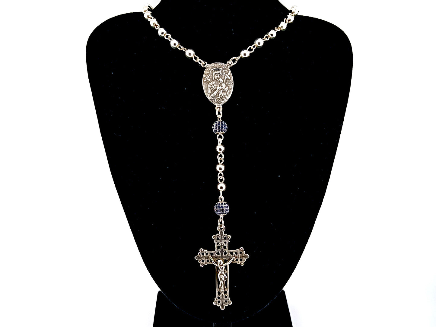 Sacred Heart and Our Lady of Perpetual Help unique rosary beads 925 sterling silver wearable rosary with 925 sterling silver Fleur de Lys style crucifix.