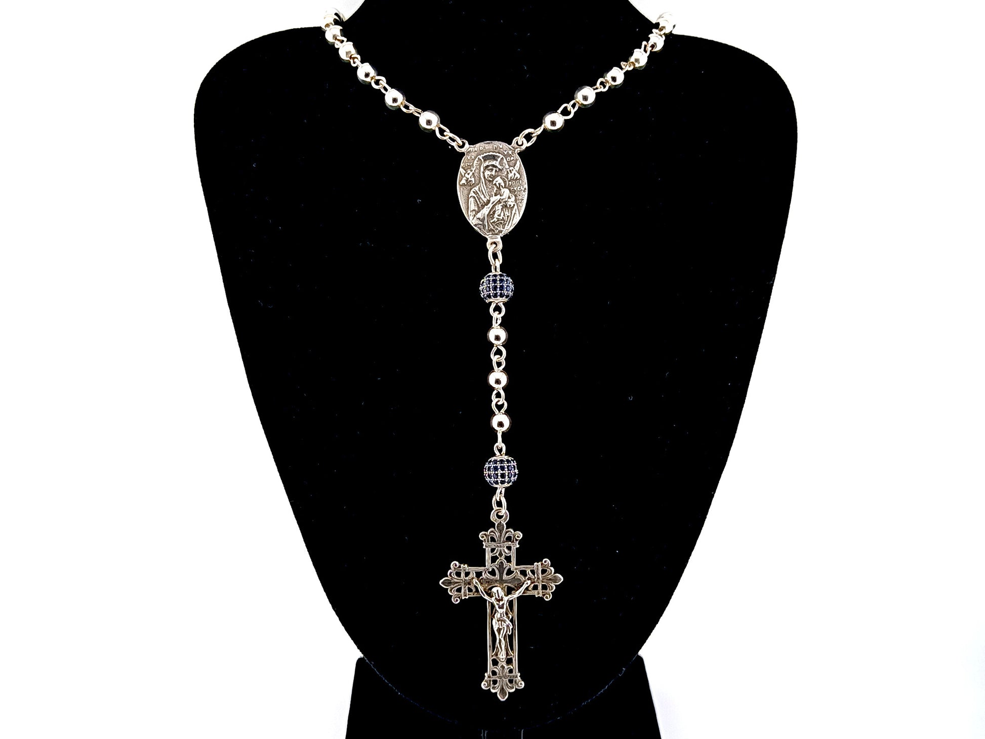Sacred Heart and Our Lady of Perpetual Help unique rosary beads 925 sterling silver wearable rosary with 925 sterling silver Fleur de Lys style crucifix.