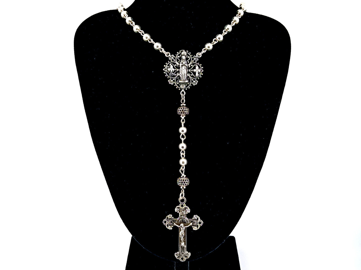 Our Lady of Lourdes unique rosary beads 925 sterling silver wearable rosary with sterling silver Victorian style crucifix.