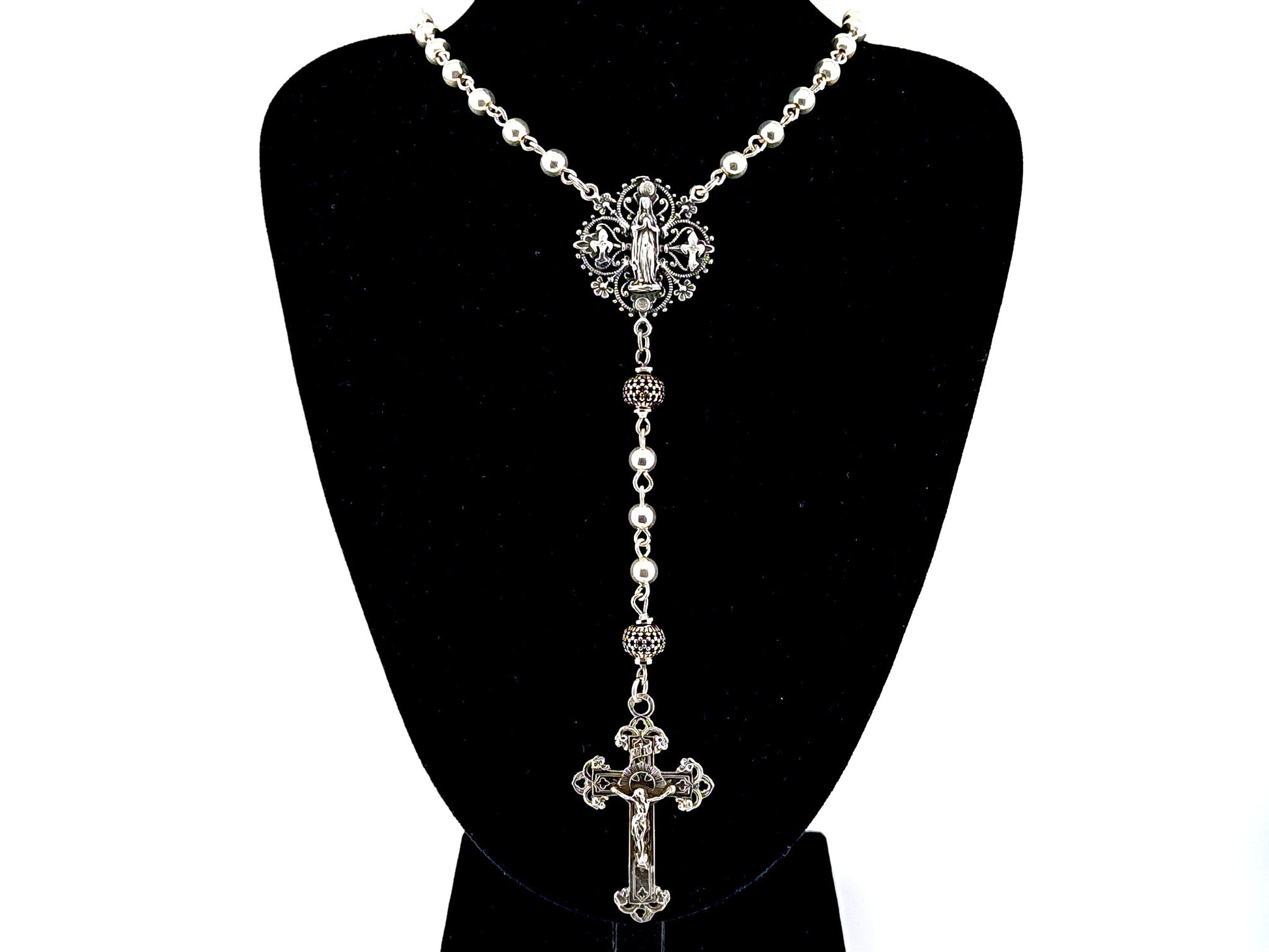 Our Lady of Lourdes unique rosary beads 925 sterling silver wearable rosary with sterling silver Victorian style crucifix.