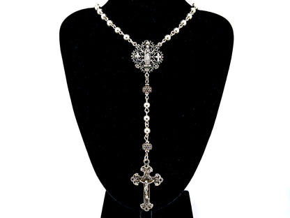 Our Lady of Lourdes unique rosary beads 925 sterling silver wearable rosary with sterling silver Victorian style crucifix.