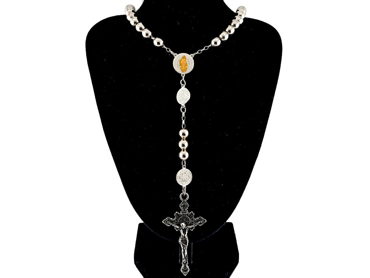 Saint Benedict unique rosary beads wearable stainless steel rosary with stainless steel sunburst crucifix.
