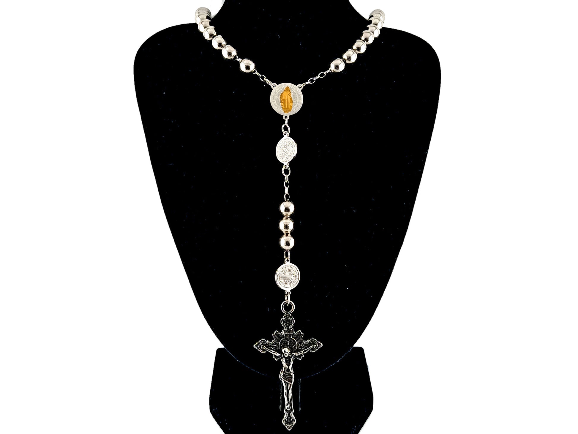 Saint Benedict unique rosary beads wearable stainless steel rosary with stainless steel sunburst crucifix.