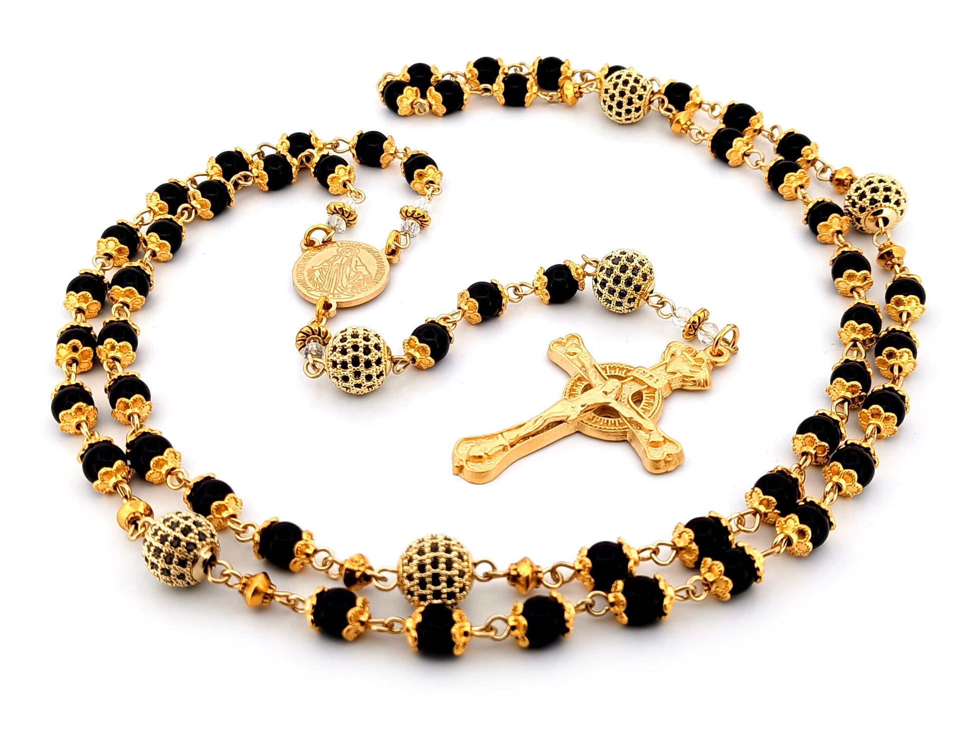 Miraculous Medal unique rosary beads onyx gemstone and gold cubic zirconia rosary with gold plated pewter Claddagh crucifix.