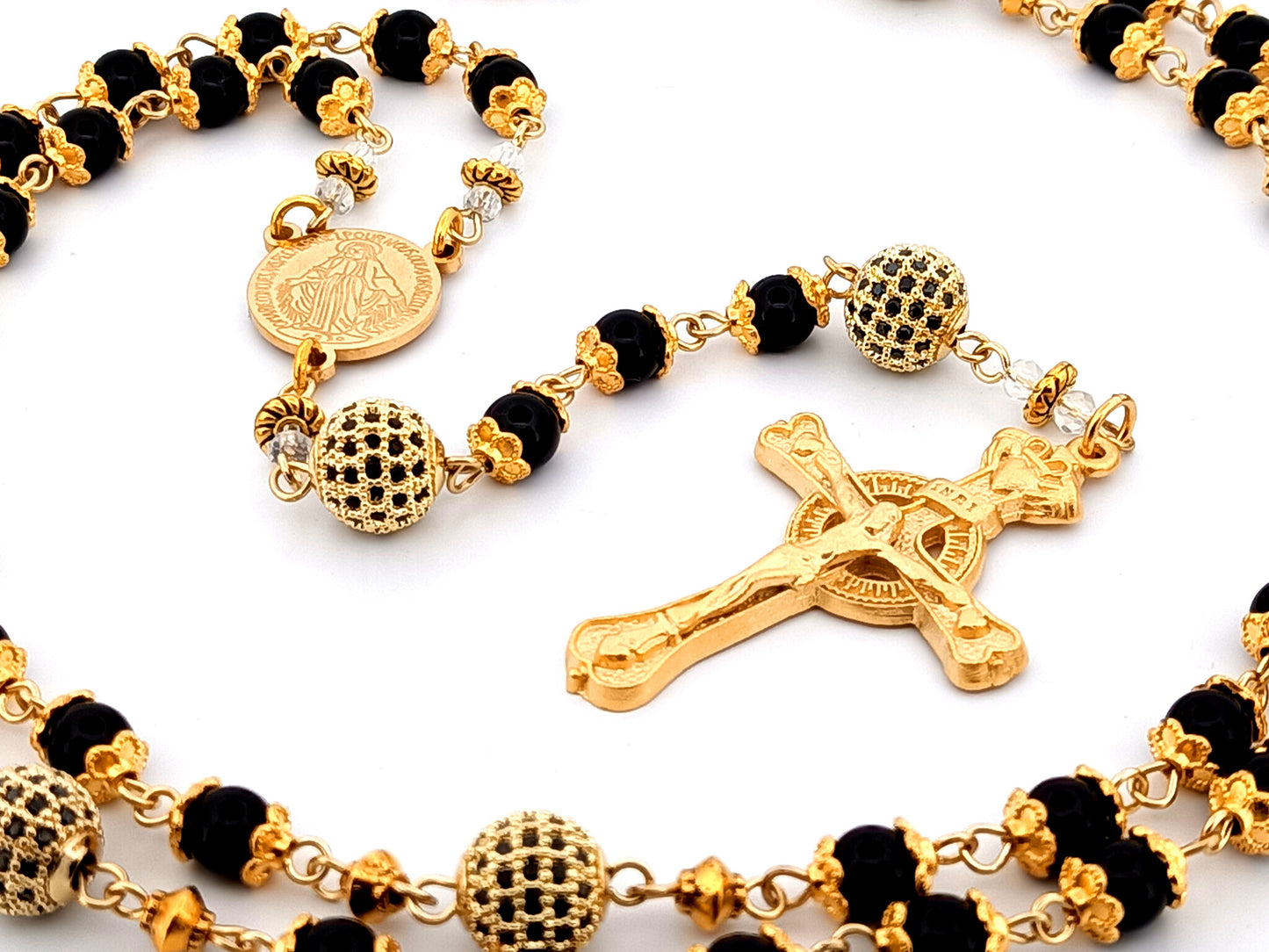 Miraculous Medal unique rosary beads onyx gemstone and gold cubic zirconia rosary with gold plated pewter Claddagh crucifix.