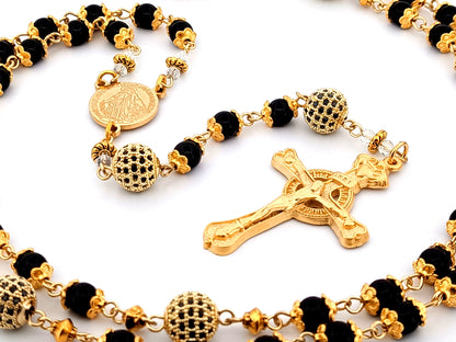 Miraculous Medal unique rosary beads onyx gemstone and gold cubic zirconia rosary with gold plated pewter Claddagh crucifix.
