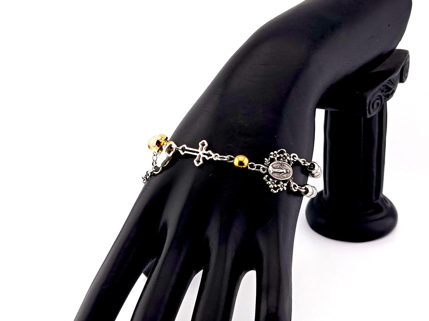 Miraculous Medal unique rosary beads 925 sterling silver and stainless steel 5 decade rosary bracelet with sterling silver linking cross and 18K gold plated clasp.