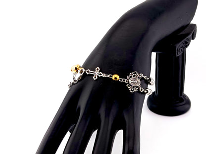 Miraculous Medal unique rosary beads 925 sterling silver and stainless steel 5 decade rosary bracelet with sterling silver linking cross and 18K gold plated clasp.