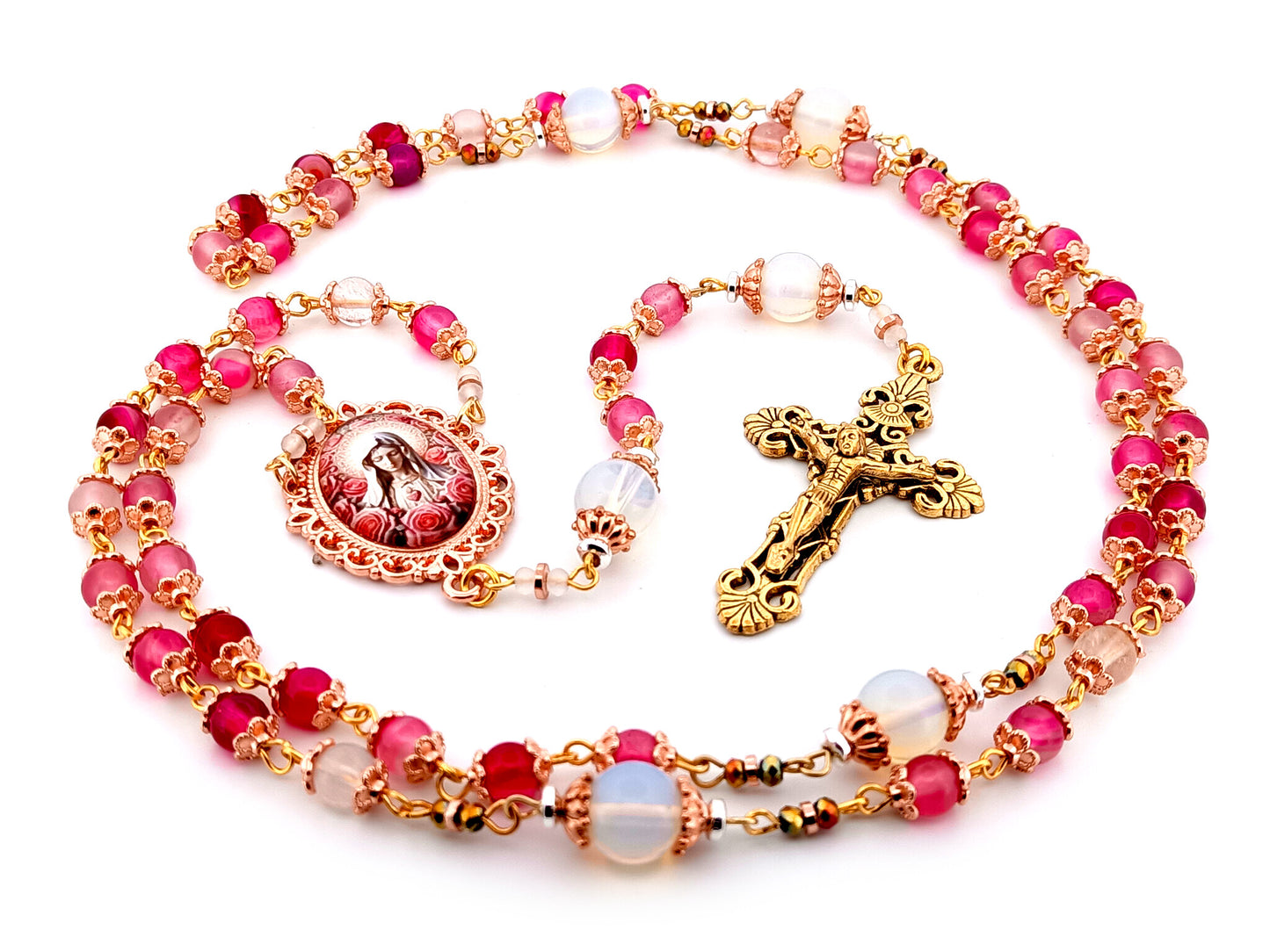 Immaculate Heart of Mary unique rosary beads opal and rose quartz gemstone rosary with gold plated filigree crucifix.